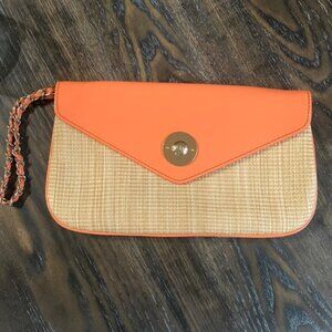 COLE HAAN Straw and orange/peach Patent leather Chain Wristlet